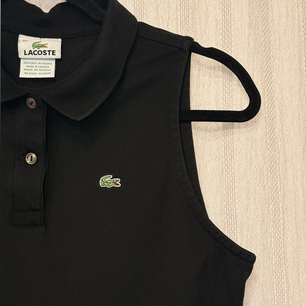 Lacoste Black Sleeveless Polo Top Women's M/44 Slim Fit Croc Logo Preppy Tennis - Picture 3 of 4